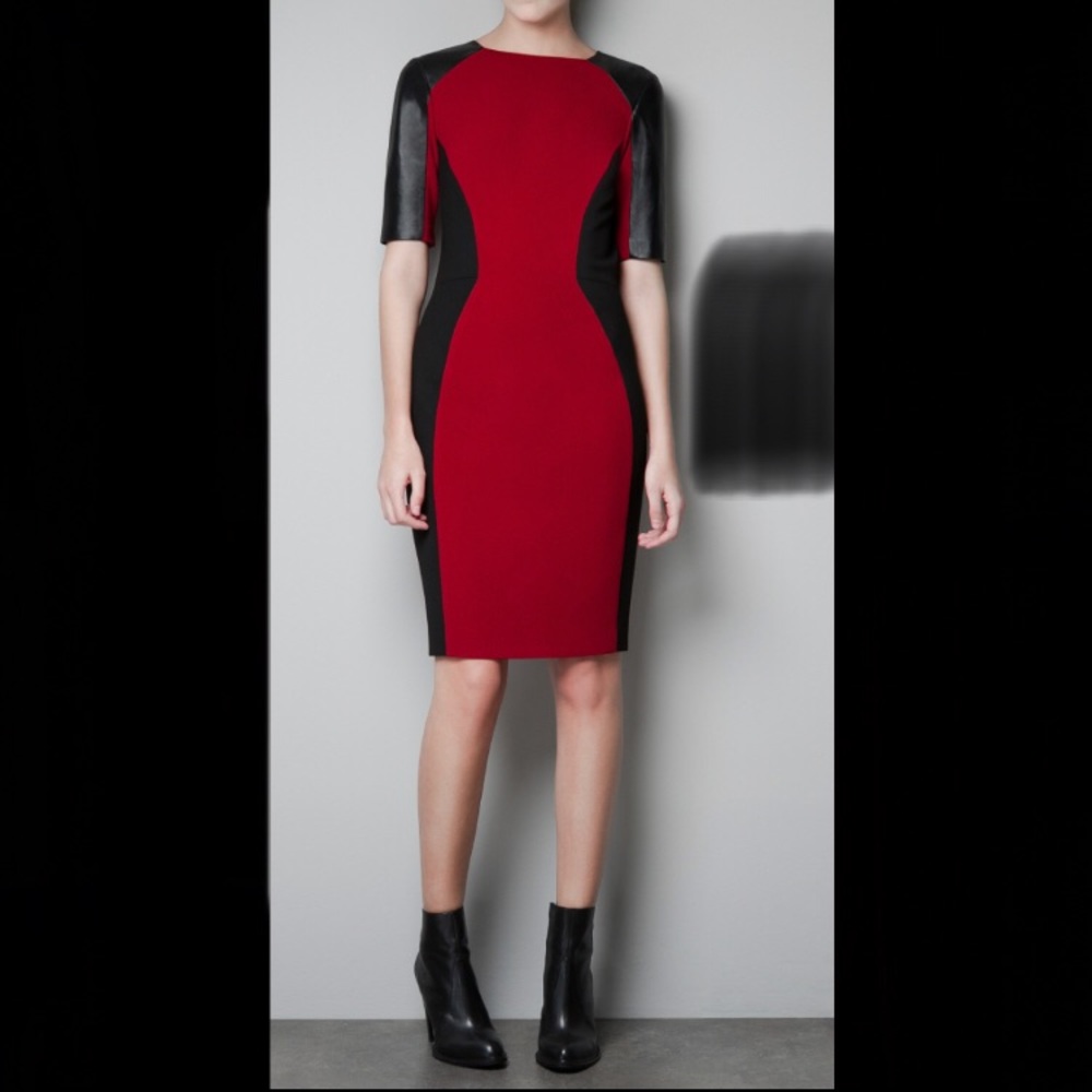 NEW Zara Red & Black dress. Leather sleeves Large